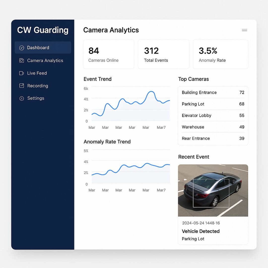 Camera analytics dashboard showing detected events and camera health