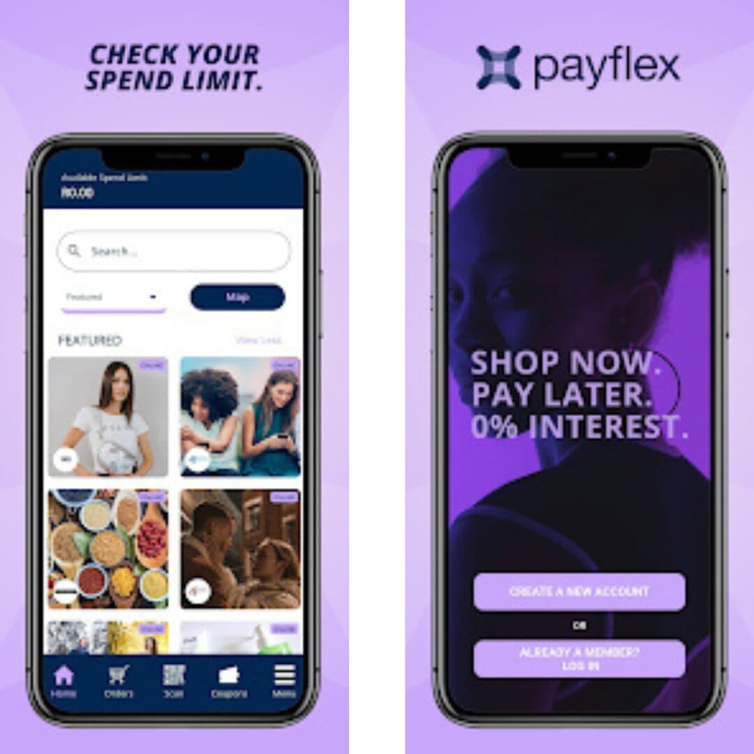 Payflex app screens showing the spend limit view and the store directory